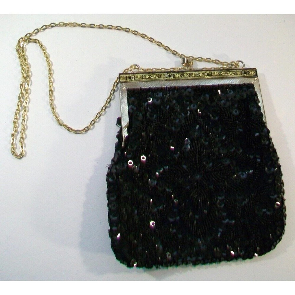 1950's  Safram Black Beaded Sequin Purse, Hong Kong, Vintage Purse